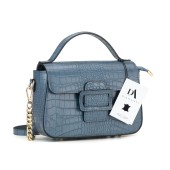 Geanta dama din piele naturala lacuita cu textura croco DiAmanti Carmina Albastru Denim